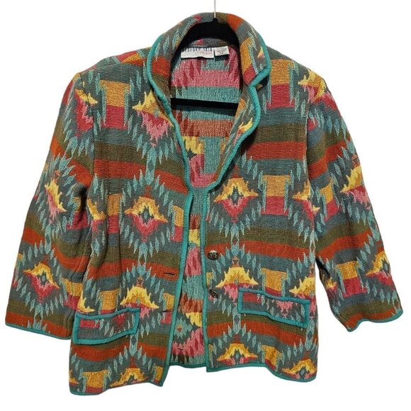 BEDFORD FAIR Boho Aztec Southwestern Tribal Tapestry Blazer Jacket - Size MP - Picture 1 of 8